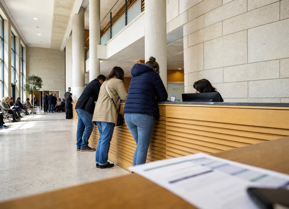 Hall lumineux d’un service public de santé où des patients anonymes échangent au comptoir d’accueil