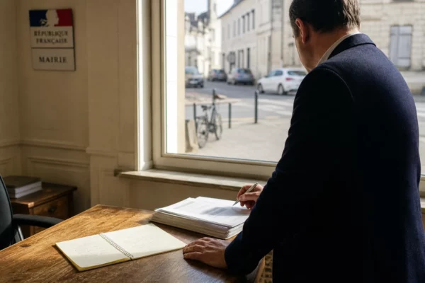 Élu local anonyme annotant un dossier dans une mairie française, avec une rue en arrière-plan lumineux