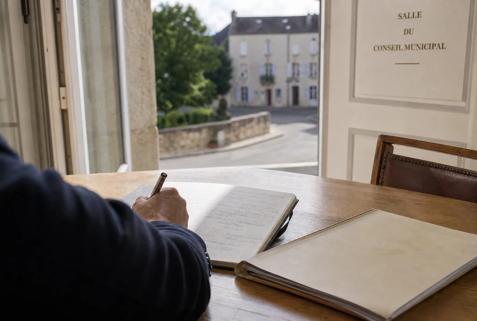 Élu local anonyme prenant des notes dans une mairie bourguignonne, avec une rue de village en arrière-plan