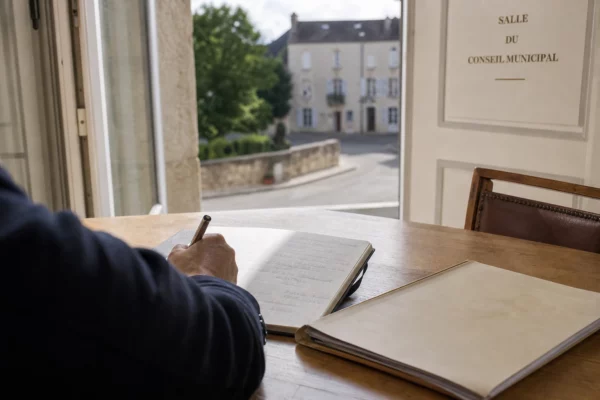 Élu local anonyme prenant des notes dans une mairie bourguignonne, avec une rue de village en arrière-plan