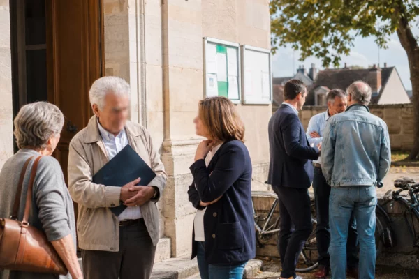 Habitants anonymes échangeant devant une mairie bourguignonne lors d’un hommage politique local