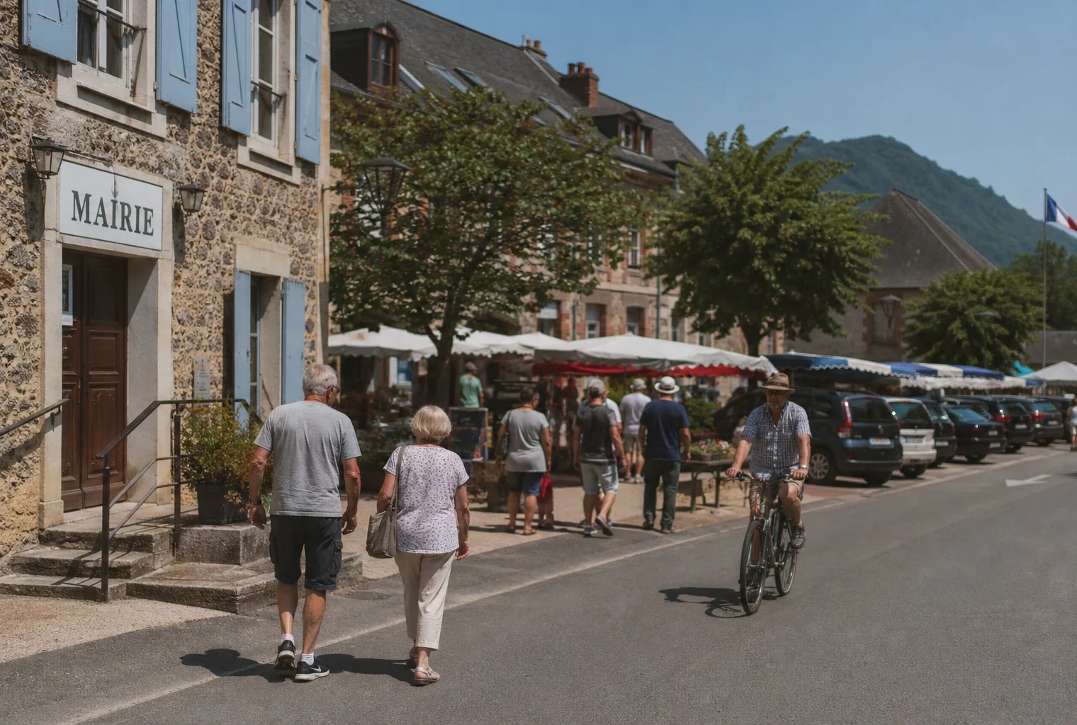 Rue calme d’une petite ville française près de la frontière, avec mairie, marché et habitants anonymes en plein jour.