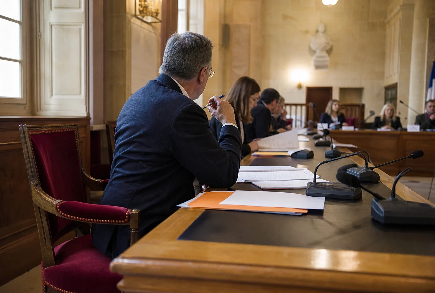 Salle municipale lumineuse avec chaise vide, micros et dossiers flous lors d’une réunion politique locale.