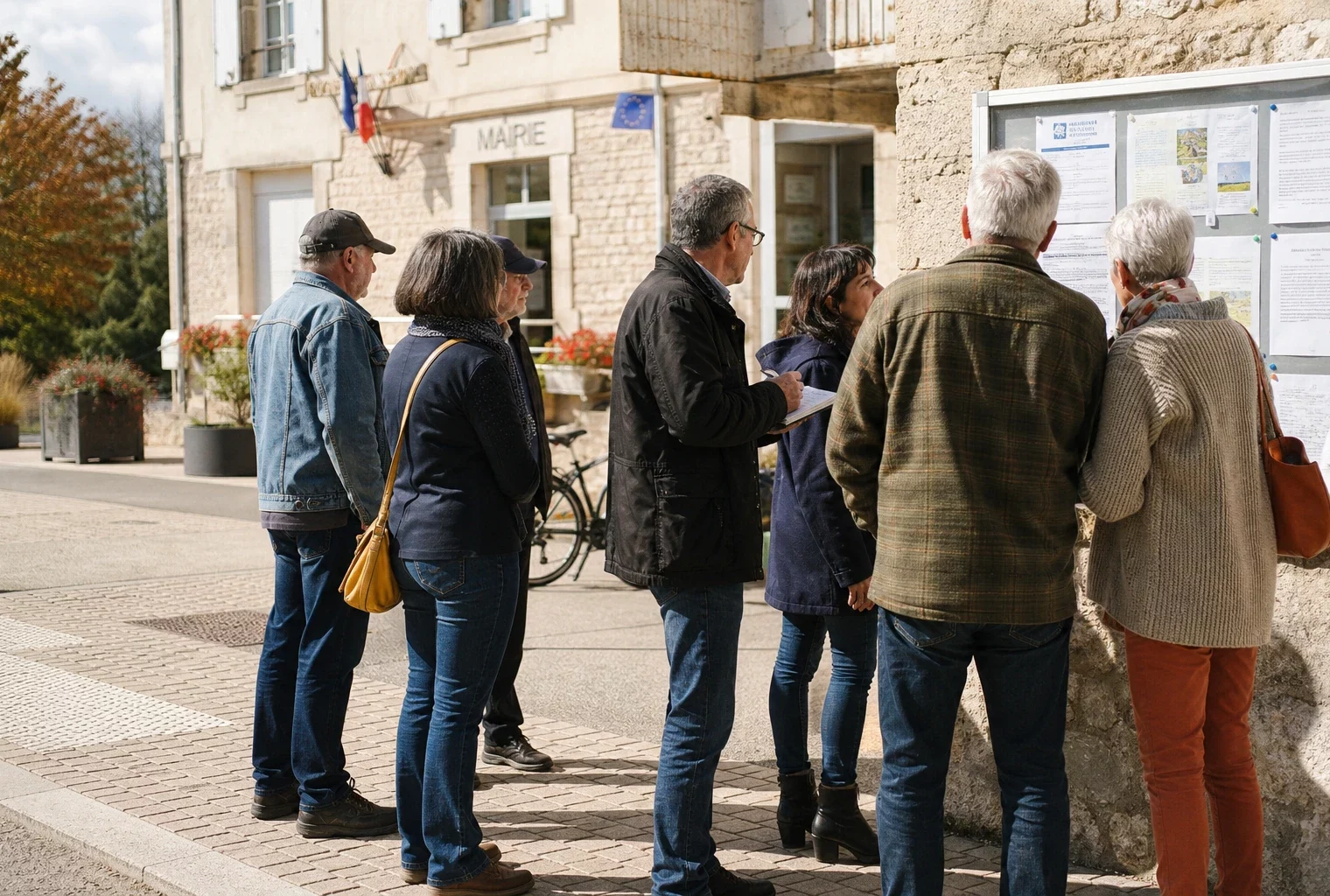 Citoyens anonymes échangeant devant une mairie française au sujet des choix de la gauche pour 2027