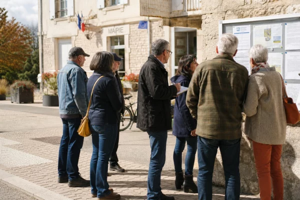 Citoyens anonymes échangeant devant une mairie française au sujet des choix de la gauche pour 2027