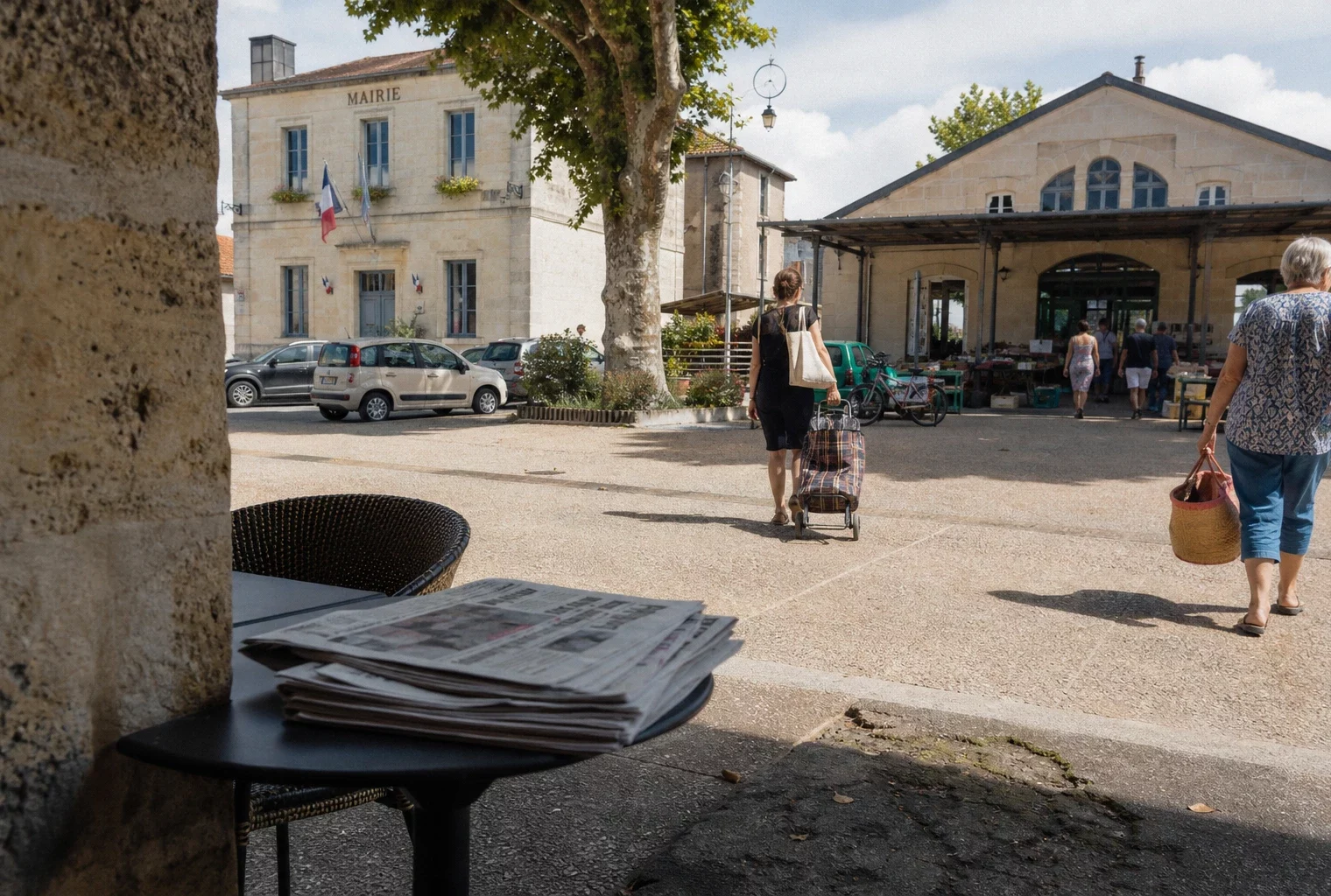 Place de village en Gironde avec habitants anonymes, mairie en arrière-plan et ambiance de retour à la normale.