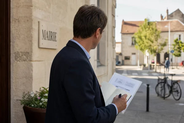 Élu local anonyme prenant des notes devant une mairie française, symbole d’une candidature présidentielle en préparation