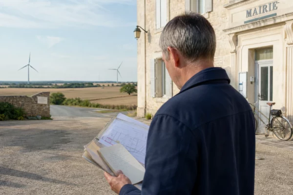 Élu local consultant un dossier devant une mairie rurale, avec des éoliennes visibles dans le paysage charentais