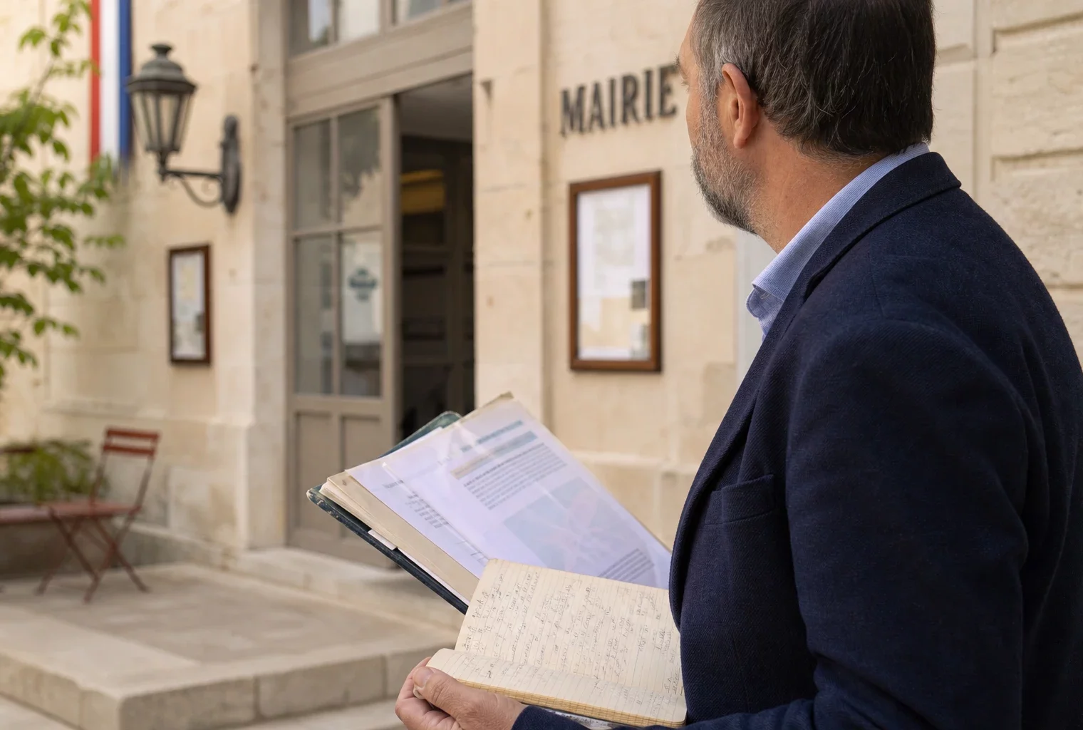 Élu local anonyme consultant un dossier devant une mairie française pour illustrer la campagne de Raphaël Glucksmann