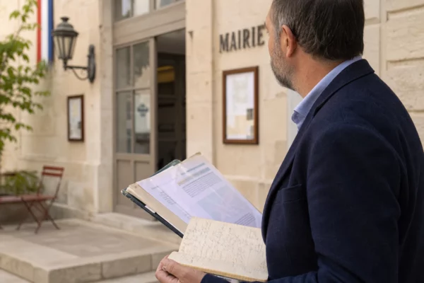 Élu local anonyme consultant un dossier devant une mairie française pour illustrer la campagne de Raphaël Glucksmann