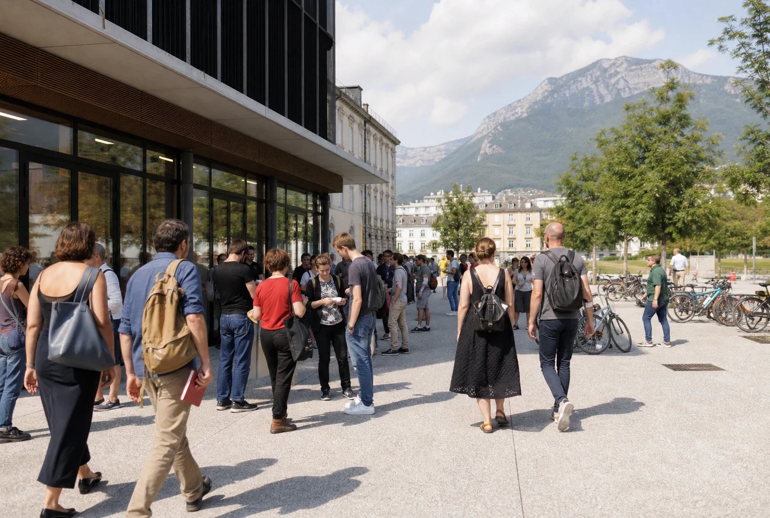 Des participants arrivent devant un lieu municipal de Grenoble pour les Journées d’été des Écologistes.