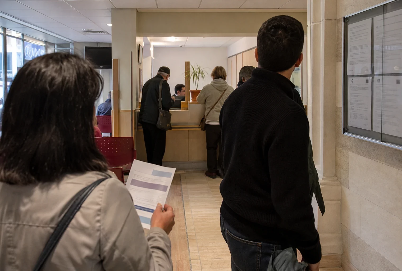 Des usagers anonymes dans un hall de service public français consultent un document de campagne flouté.