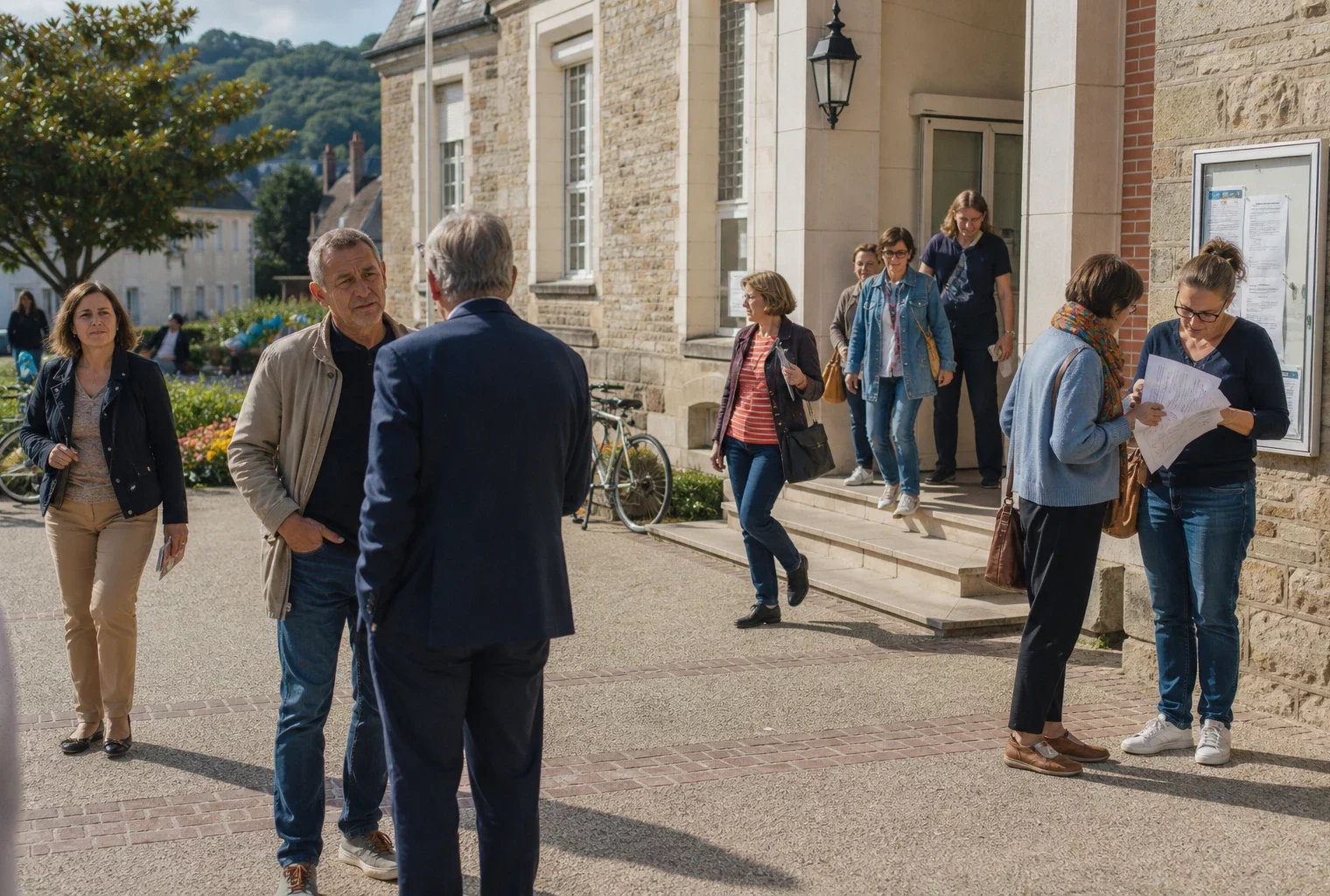 Citoyennes échangeant devant une mairie française, symbole concret de l’accès aux droits et de l’égalité