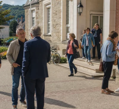 Citoyennes échangeant devant une mairie française, symbole concret de l’accès aux droits et de l’égalité