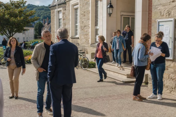 Citoyennes échangeant devant une mairie française, symbole concret de l’accès aux droits et de l’égalité