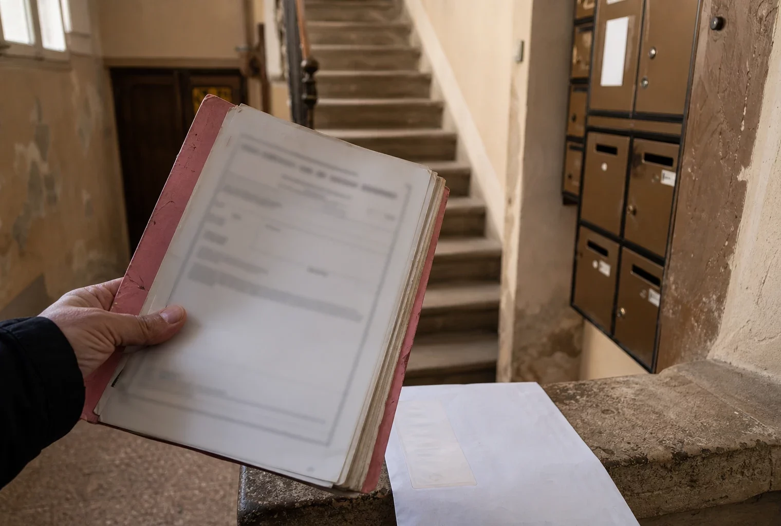 Main tenant un dossier juridique flou dans le hall lumineux d’un immeuble marseillais, symbole d’une enquête judiciaire