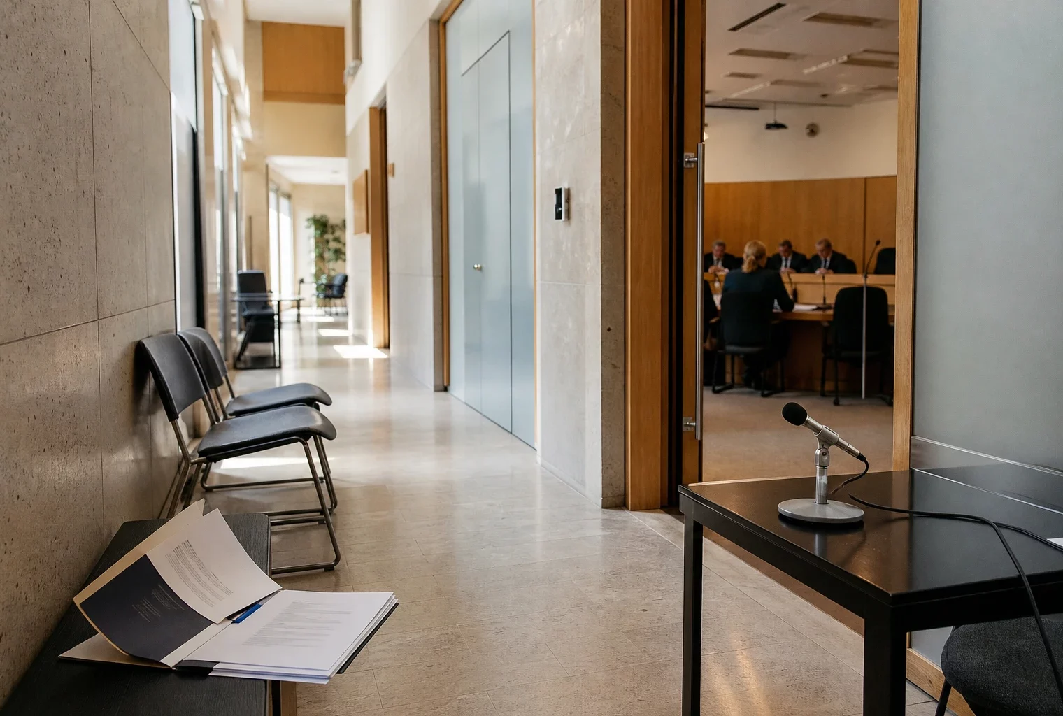 Couloir clair d’un bâtiment audiovisuel public avec salle d’audition et microphone, évoquant l’impartialité journalistique