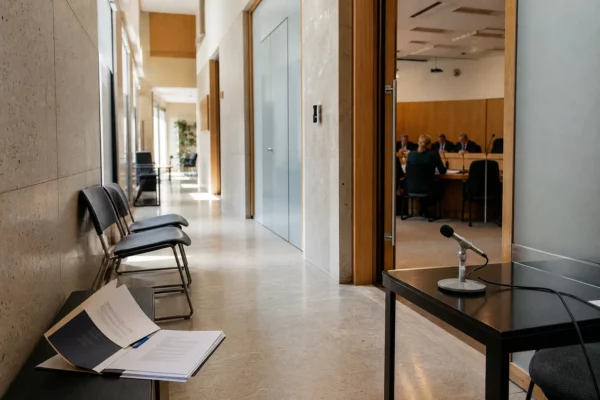 Couloir clair d’un bâtiment audiovisuel public avec salle d’audition et microphone, évoquant l’impartialité journalistique