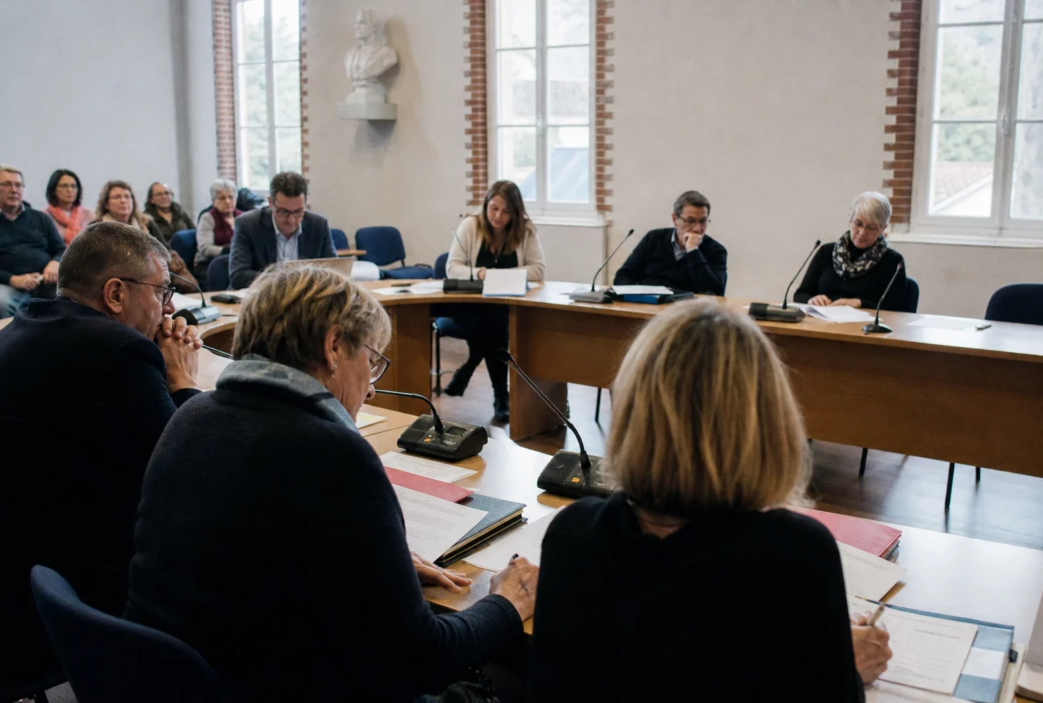 Salle municipale française avec élus anonymes, dossiers et chaise vide lors d’un débat sur l’indemnisation chômage