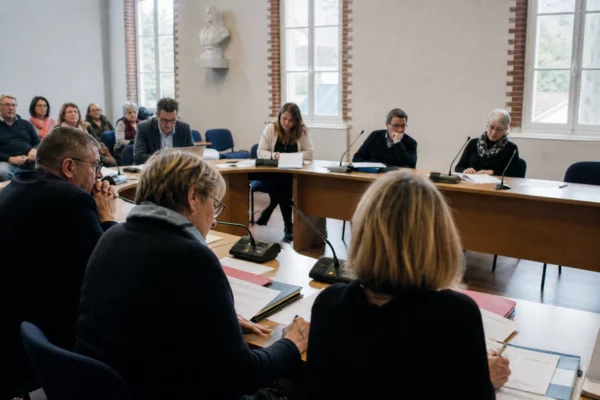 Salle municipale française avec élus anonymes, dossiers et chaise vide lors d’un débat sur l’indemnisation chômage