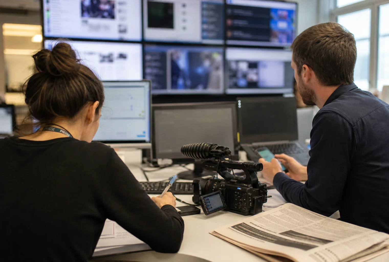 Rédaction française lumineuse avec journaliste, caméra de presse et écrans flous sur la désinformation