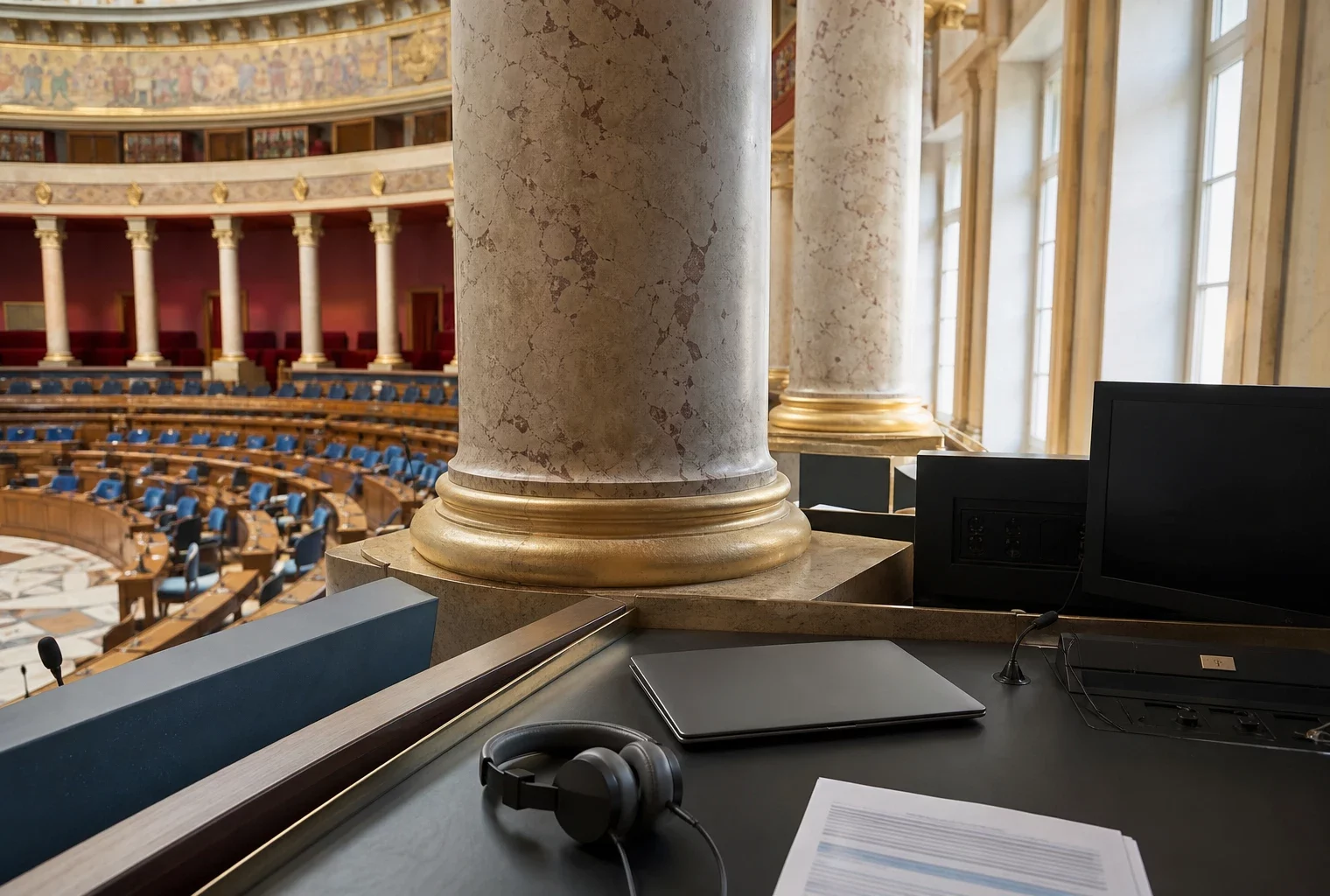 Salle institutionnelle française avec poste de veille numérique illustrant la détection de faux comptes sur X