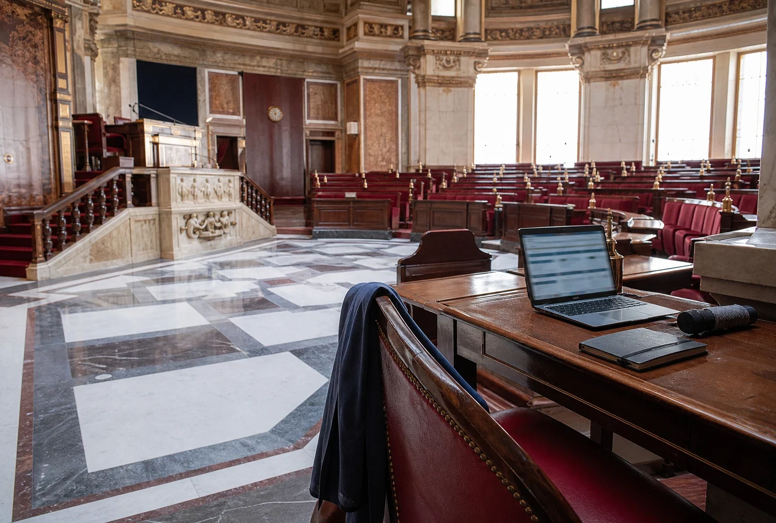 Salle institutionnelle française avec microphones et ordinateur flou, évoquant les ingérences numériques dans le débat démocratique