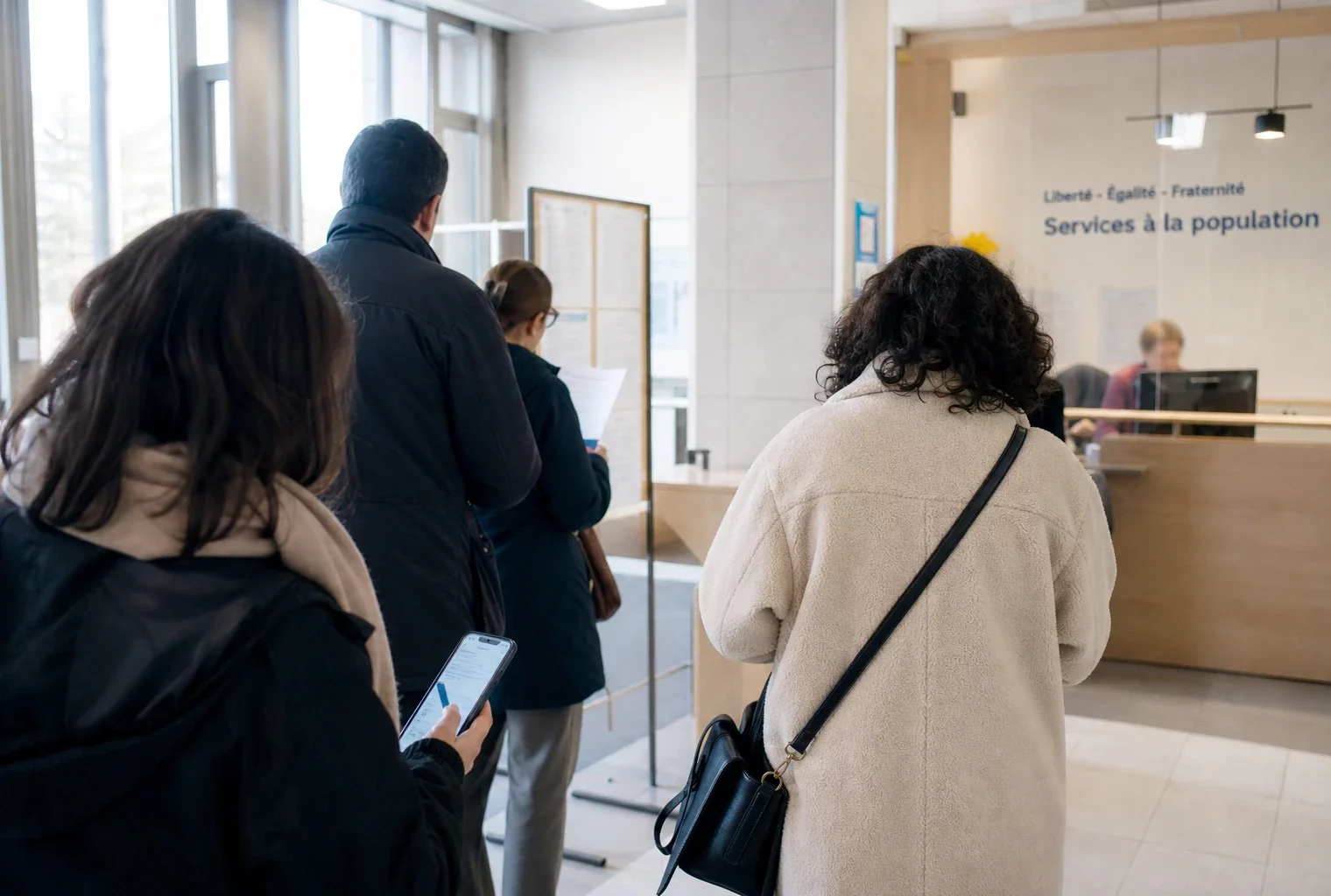 Hall lumineux d’un service public français avec usagers anonymes, smartphone à l’écran flou et affichage institutionnel hors focus.