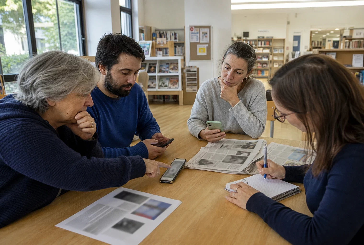 Atelier français de vérification de l’information, avec des citoyens comparant des contenus en ligne sur leurs smartphones