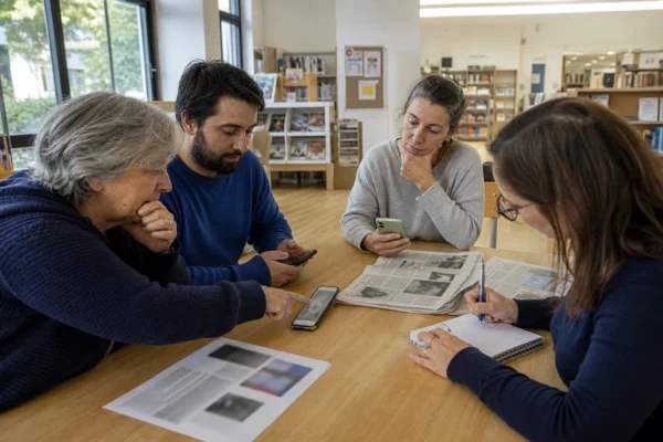 Atelier français de vérification de l’information, avec des citoyens comparant des contenus en ligne sur leurs smartphones