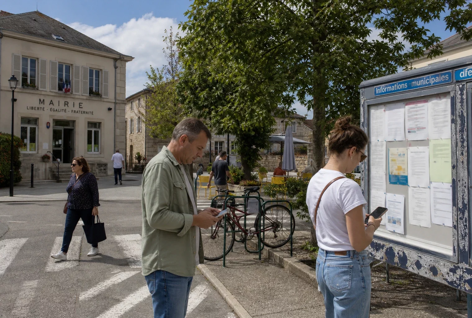 Habitants anonymes d’une ville française consultant leur téléphone près d’une mairie et d’un panneau public