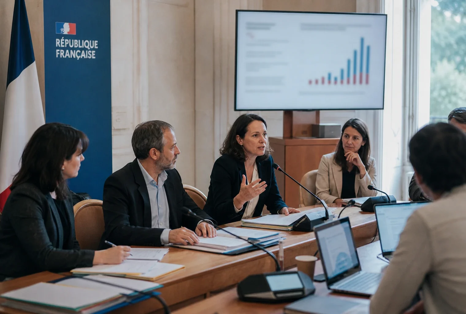 Réunion institutionnelle en France avec micros et dossiers flous autour de la lutte contre les ingérences numériques.