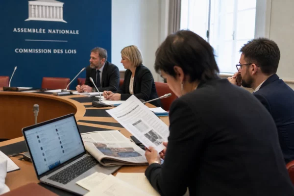 Réunion de presse dans une salle parlementaire française sur les ingérences numériques et la désinformation politique