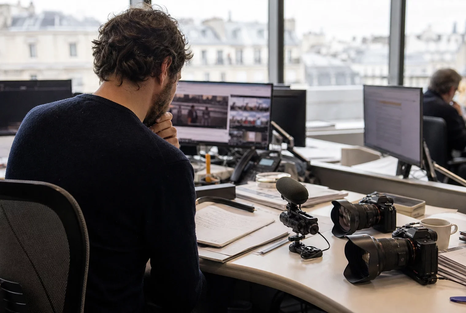 Reporter dans une rédaction française avec écrans flous, caméra et micro, dans une ambiance de presse claire et réaliste.