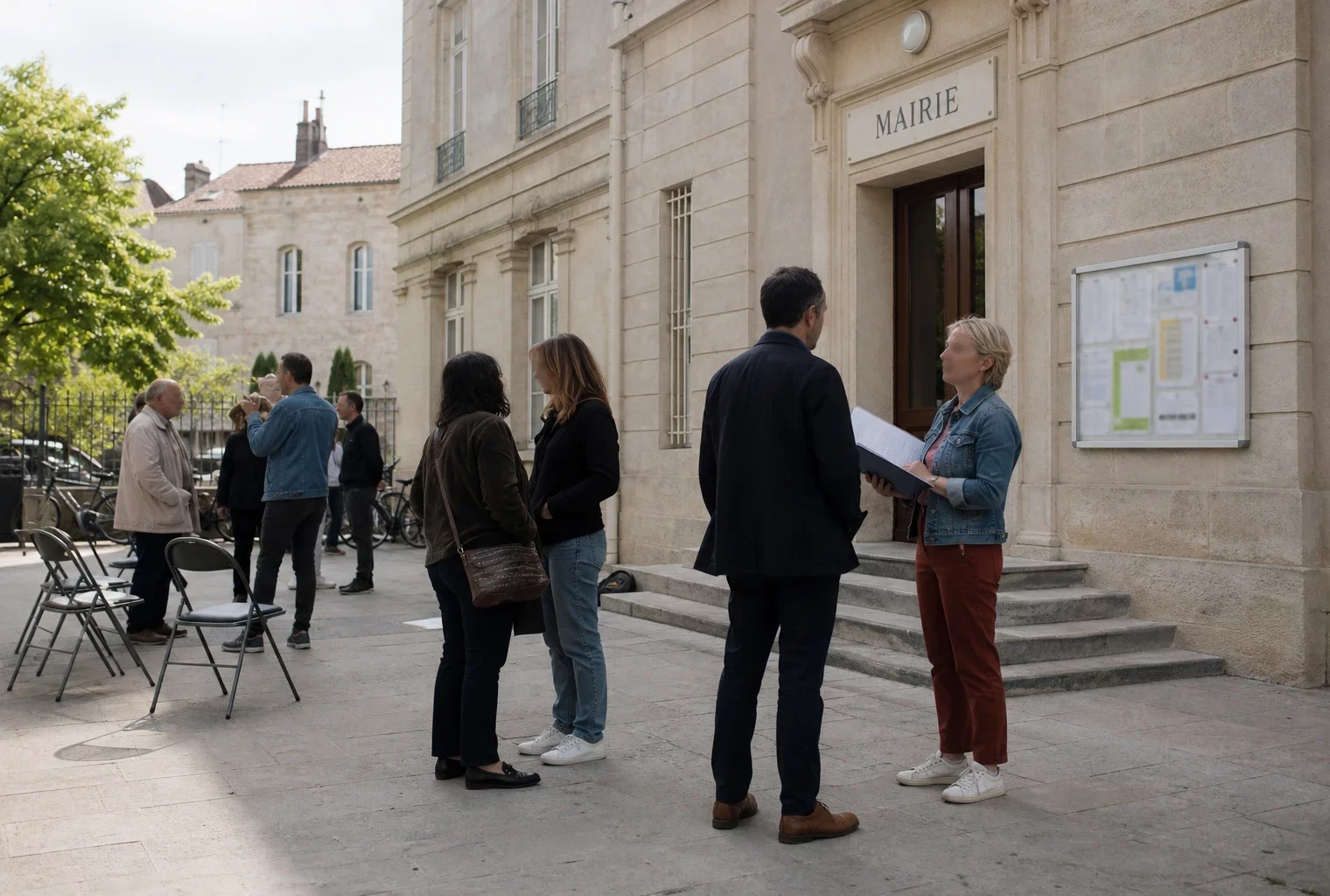 Citoyens anonymes échangeant devant une mairie lyonnaise au sujet d’une manifestation interdite