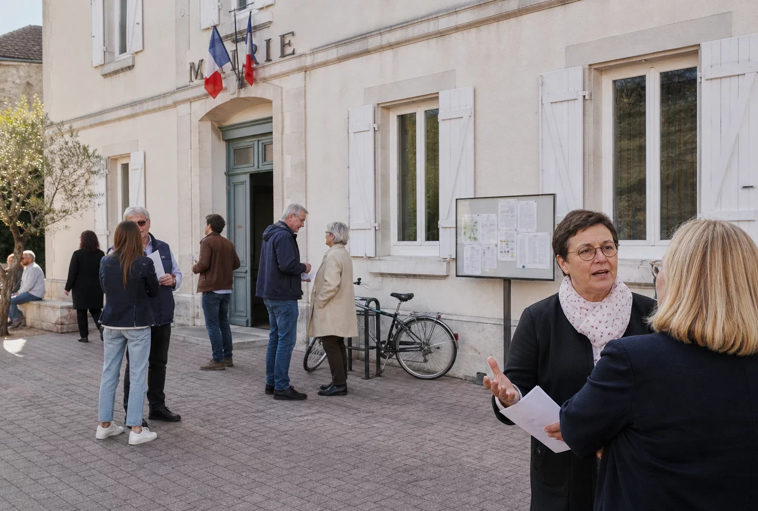 Citoyens anonymes échangeant devant une mairie française lors d’une discussion politique locale