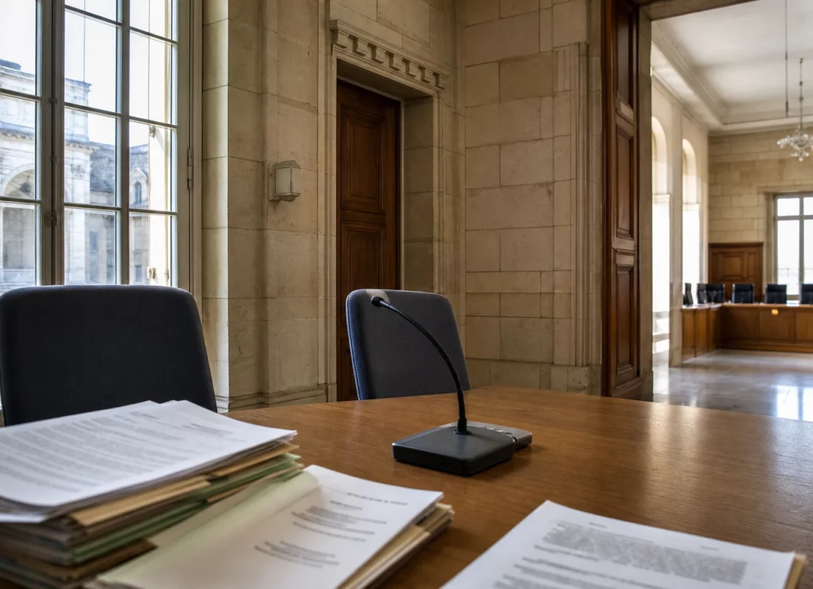Salle institutionnelle française éclairée, avec dossiers flous et microphone évoquant le suivi judiciaire des violences sur mineurs