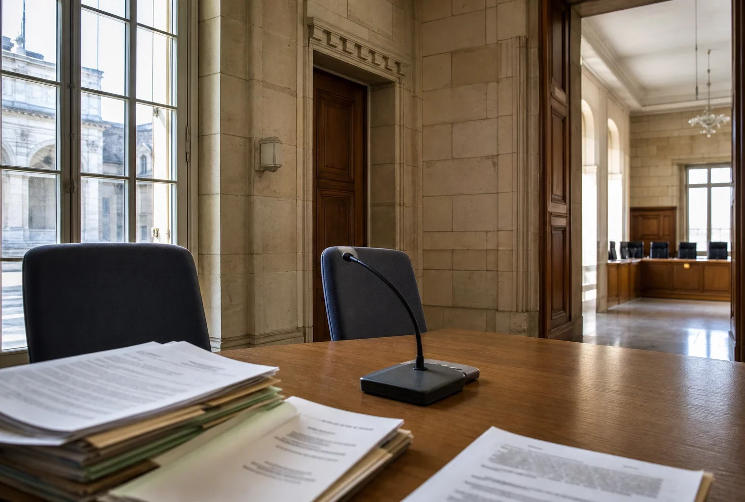 Salle institutionnelle française éclairée, avec dossiers flous et microphone évoquant le suivi judiciaire des violences sur mineurs