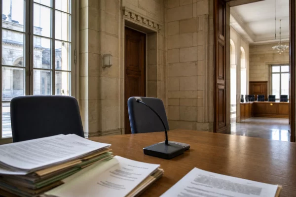 Salle institutionnelle française éclairée, avec dossiers flous et microphone évoquant le suivi judiciaire des violences sur mineurs