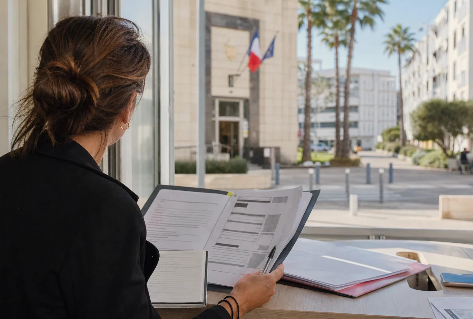 Un collaborateur anonyme tient un dossier devant la mairie de La Grande-Motte dans une ambiance de reportage éditorial.