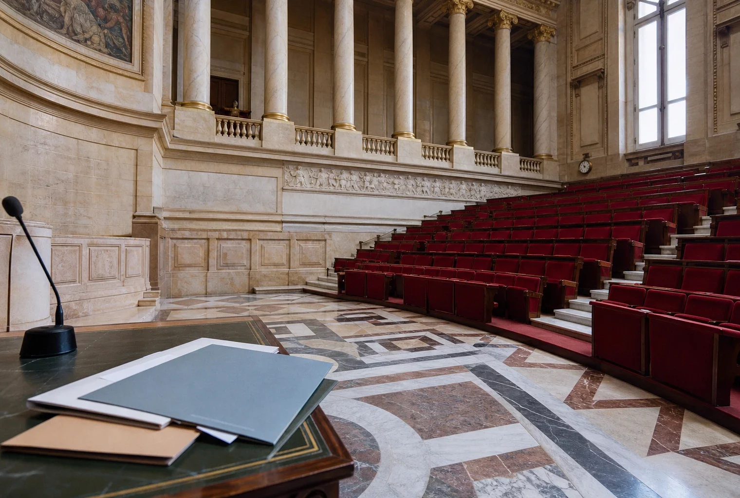 Salle institutionnelle française photographiée en oblique, évoquant les tensions économiques du RN avant 2027