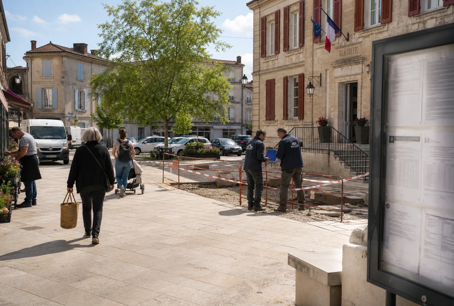 Rue d’une commune française avec habitants anonymes et chantier municipal retardé, illustrant les effets d’un budget bloqué