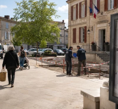 Rue d’une commune française avec habitants anonymes et chantier municipal retardé, illustrant les effets d’un budget bloqué