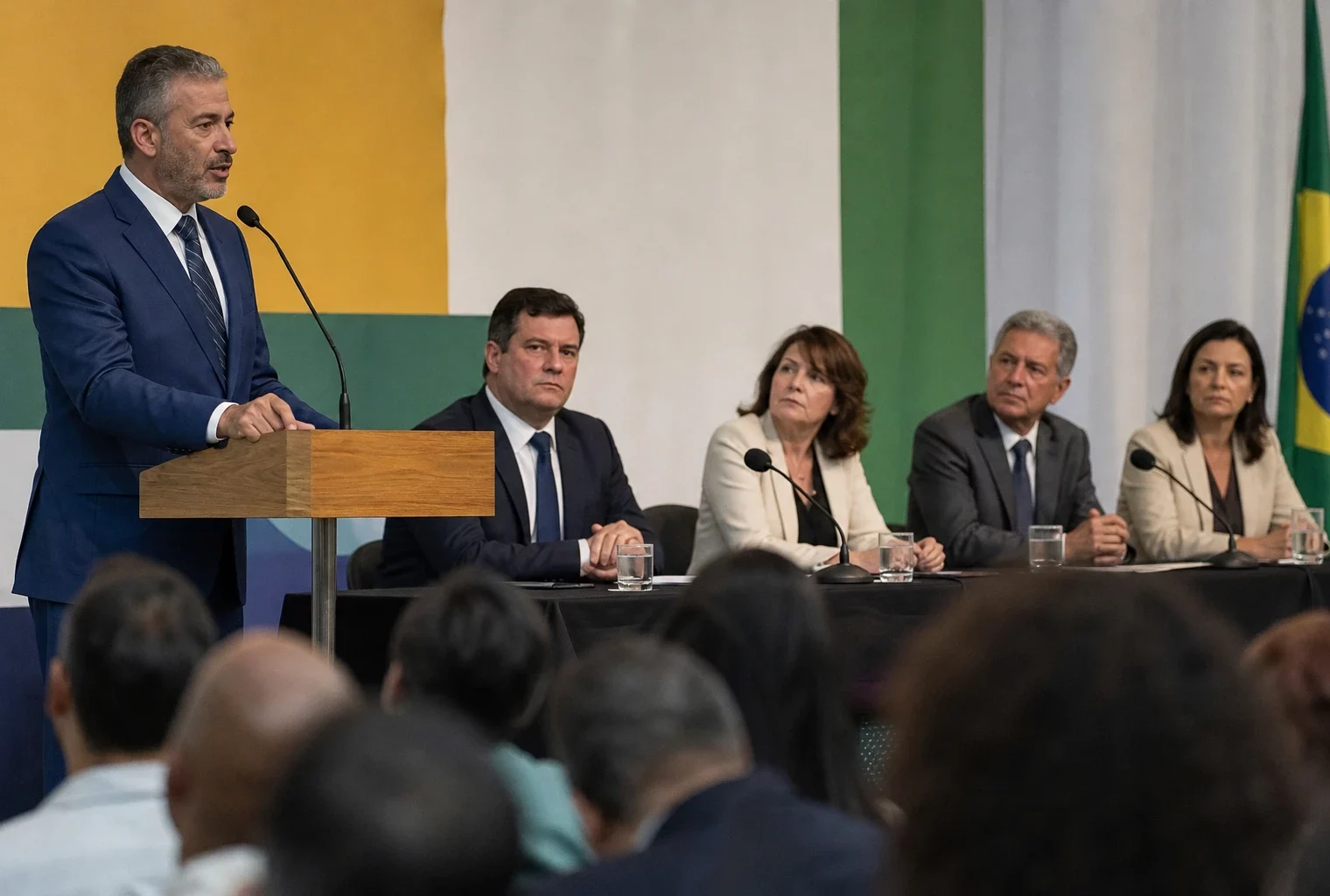 Réunion politique au Brésil dans une salle de convention, avec plusieurs responsables sur scène et un podium de presse.