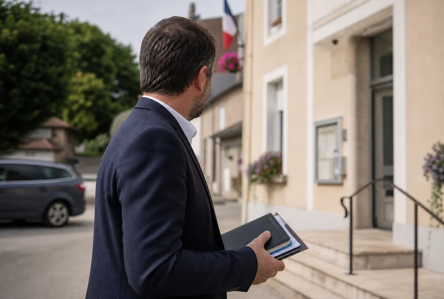 Élu local anonyme devant la mairie, dossier à la main, en lumière naturelle dans une rue de village française.