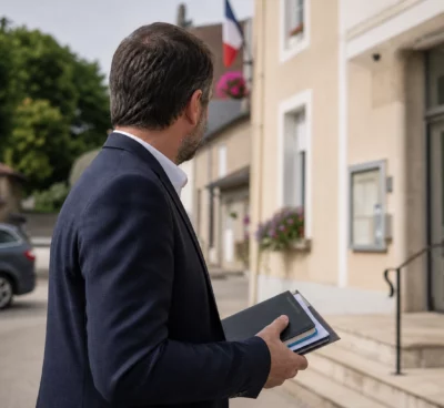 Élu local anonyme devant la mairie, dossier à la main, en lumière naturelle dans une rue de village française.