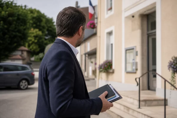 Élu local anonyme devant la mairie, dossier à la main, en lumière naturelle dans une rue de village française.