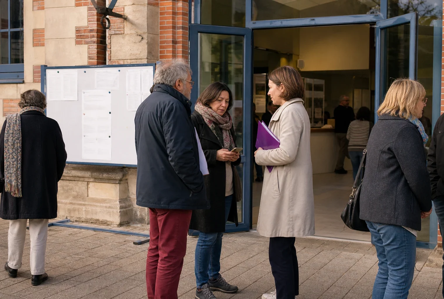 Des habitants discutent devant une mairie de petite ville après un événement culturel interrompu.