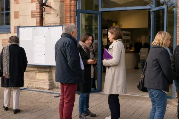 Des habitants discutent devant une mairie de petite ville après un événement culturel interrompu.
