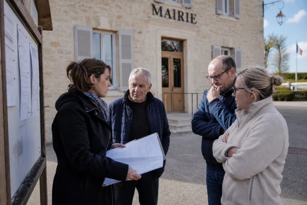 Des habitants échangent avec un agent municipal devant la mairie sur la prévention des incendies et le débroussaillement.